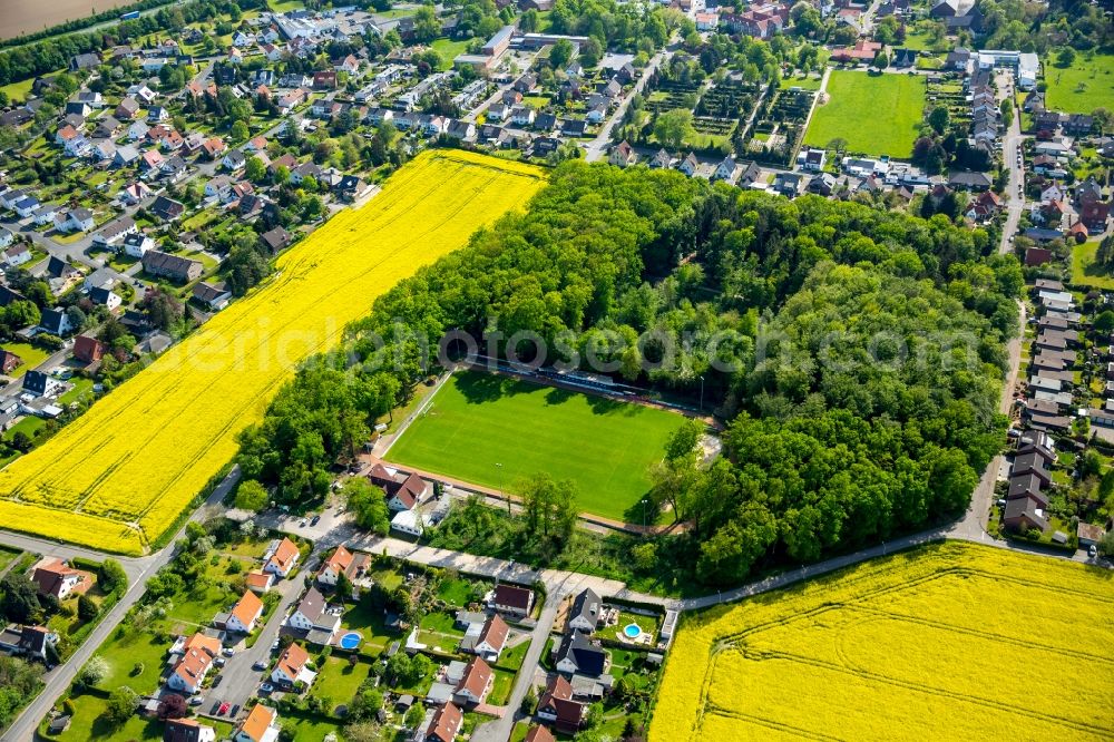 Hamm from the bird's eye view: Sports grounds and football pitch of Sports club Westfalia Rhynern e. V. in Hamm in the state North Rhine-Westphalia