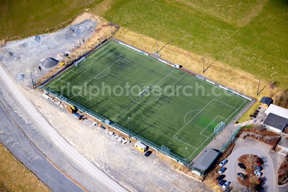 Schmallenberg from the bird's eye view: Sports grounds and football pitch of the sports centre at the swimming bath Sauerlandbad in Bad Fredeburg in Schmallenberg in the state North Rhine-Westphalia