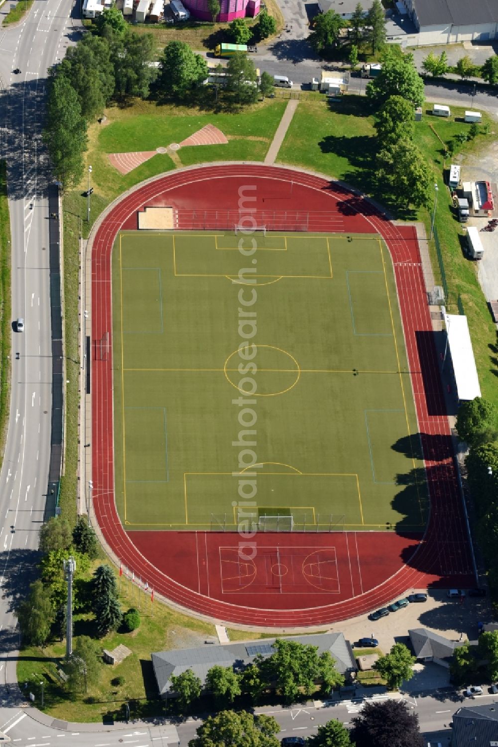 Annaberg-Buchholz from the bird's eye view: Sports grounds and football pitch of VfB Annaberg e.V. in Annaberg-Buchholz in the state Saxony, Germany