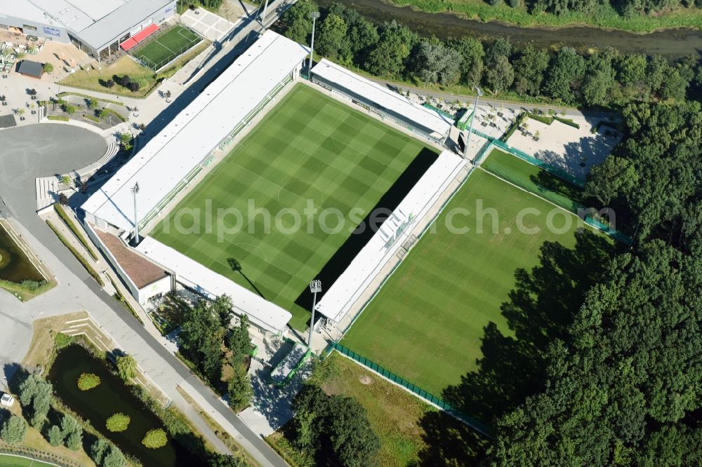 Wolfsburg from above - Sports grounds and football pitch VfL-FussballWelt in Wolfsburg in the state Lower Saxony