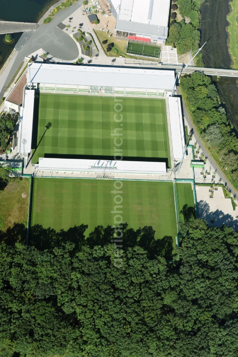 Aerial image Wolfsburg - Sports grounds and football pitch VfL-FussballWelt in Wolfsburg in the state Lower Saxony