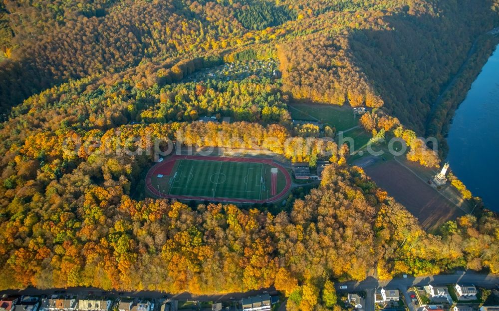 Wetter (Ruhr) from above - Sports grounds and football pitch of the FC Wetter 1910/30 in Wetter (Ruhr) in the state North Rhine-Westphalia. In the picture the Harkort tower