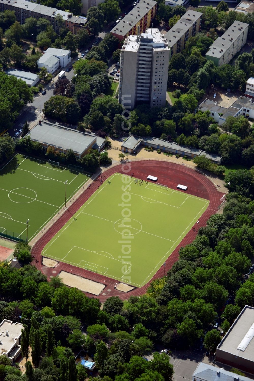 Berlin from above - The sports field Lobeck in Berlin-Kreuzberg at the Lobeckstr. is the home ground of the Berlin football club Suedring e.V