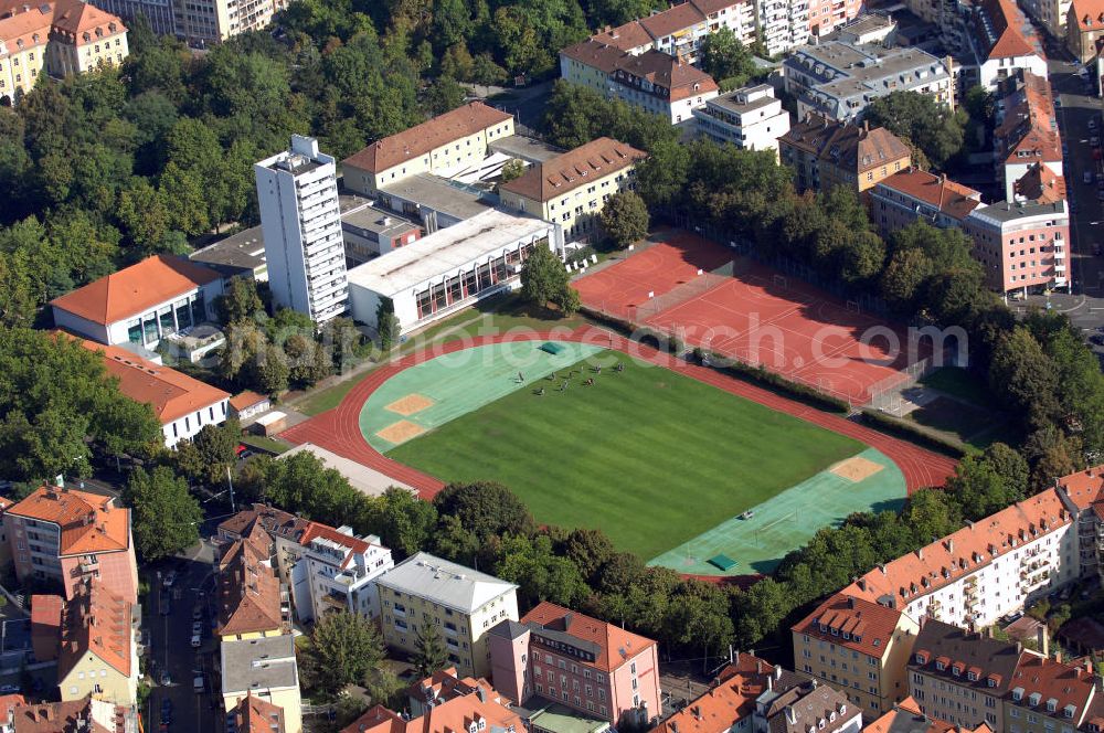 Aerial photograph WÜRZBURG - Sportplatz San derrasen im Stadtteil San derau. Kontakt: Sportplatz San derrasen, Virchowstr. 1, 97070 Würzburg, Tel. +49 (0)931 2054365