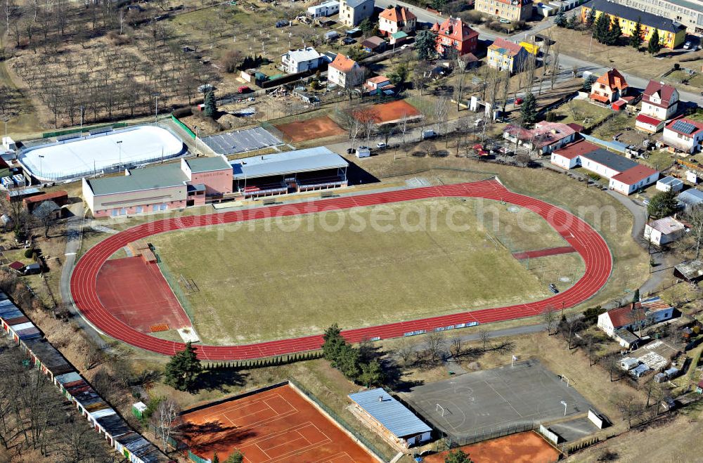 St?íbro / Stribro from above - Ein Stadion / Sportplatz in der alten Bergstadt St?íbro / Stribro / Mies in der Region Plze?ský kraj / Plzensky in Tschechien. A sports ground in the old mountain town St?íbro / Stribro / Mies in the region Plze?ský kraj / Plzensky in Tschechien.