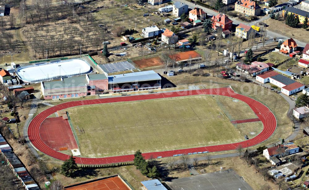 St?íbro / Stribro from the bird's eye view: Ein Stadion / Sportplatz in der alten Bergstadt St?íbro / Stribro / Mies in der Region Plze?ský kraj / Plzensky in Tschechien. A sports ground in the old mountain town St?íbro / Stribro / Mies in the region Plze?ský kraj / Plzensky in Tschechien.