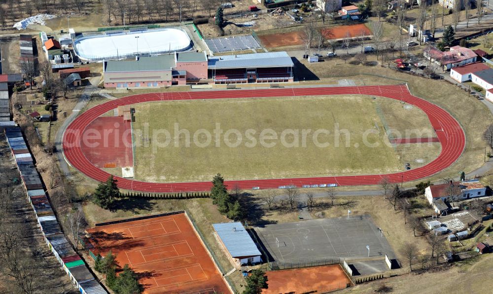 Aerial image St?íbro / Stribro - Ein Stadion / Sportplatz in der alten Bergstadt St?íbro / Stribro / Mies in der Region Plze?ský kraj / Plzensky in Tschechien. A sports ground in the old mountain town St?íbro / Stribro / Mies in the region Plze?ský kraj / Plzensky in Tschechien.