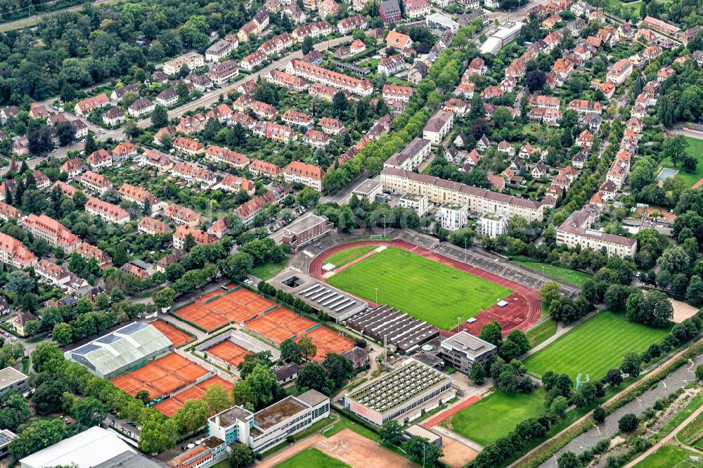 Aerial image Freiburg im Breisgau - Building the tennis arena with green field beim Dreisamstadion in Freiburg im Breisgau in the state Baden-Wurttemberg, Germany