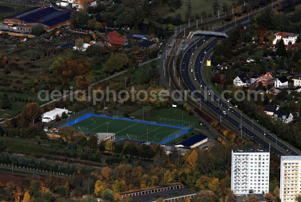 Jena from above - Sports field at the road Theobald-Renner-Straße und the street Stadtrodaer Straße in Jena in Thuringia