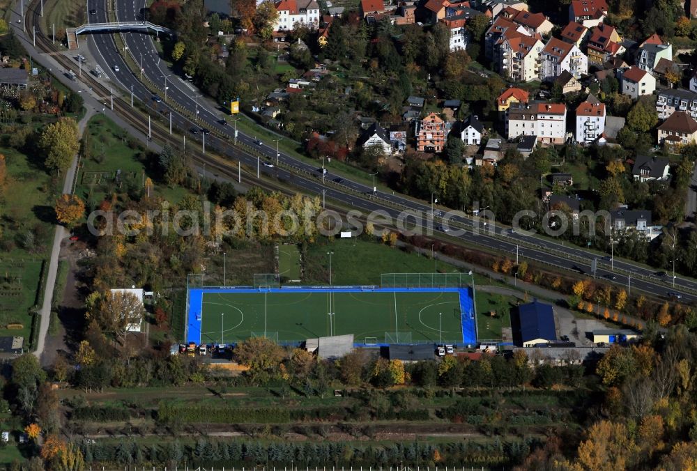 Jena from above - Sports field by the side of the road Theobald-Renner-Straße and the street Stadtrodaer Straße at the district Lobeda from Jena in Thuringia