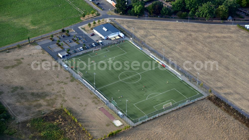 Aerial image Bornheim - Sports field and clubhouse of TuS Germania Hersel 1910 e.V. in Bornheim-Hersel in the state North Rhine-Westphalia, Germany