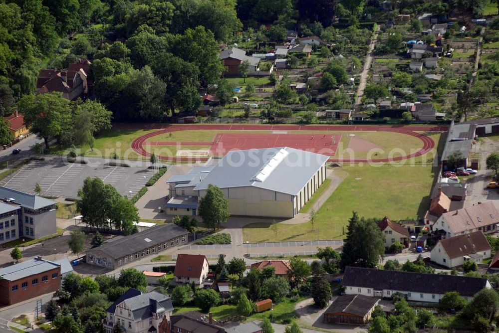 Wittstock from the bird's eye view: Sportplatz Wittstock an der Friedrich-Ludwig-Jahn-Straße 62, 16909 Wittstock/Dosse, Ostprignitz-Ruppin, Tel.: 0 33 94 / 44 88 84 oder 43 34 22; Geschäftsstelle: Tel./Fax: 0 33 94 / 44 88 84 oder 46 24 28;