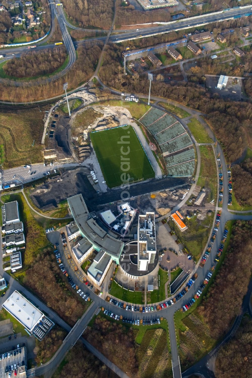 Gelsenkirchen from above - Sports facilities and construction works at the former football stadium Parkstadion in Gelsenkirchen in the state of North Rhine-Westphalia