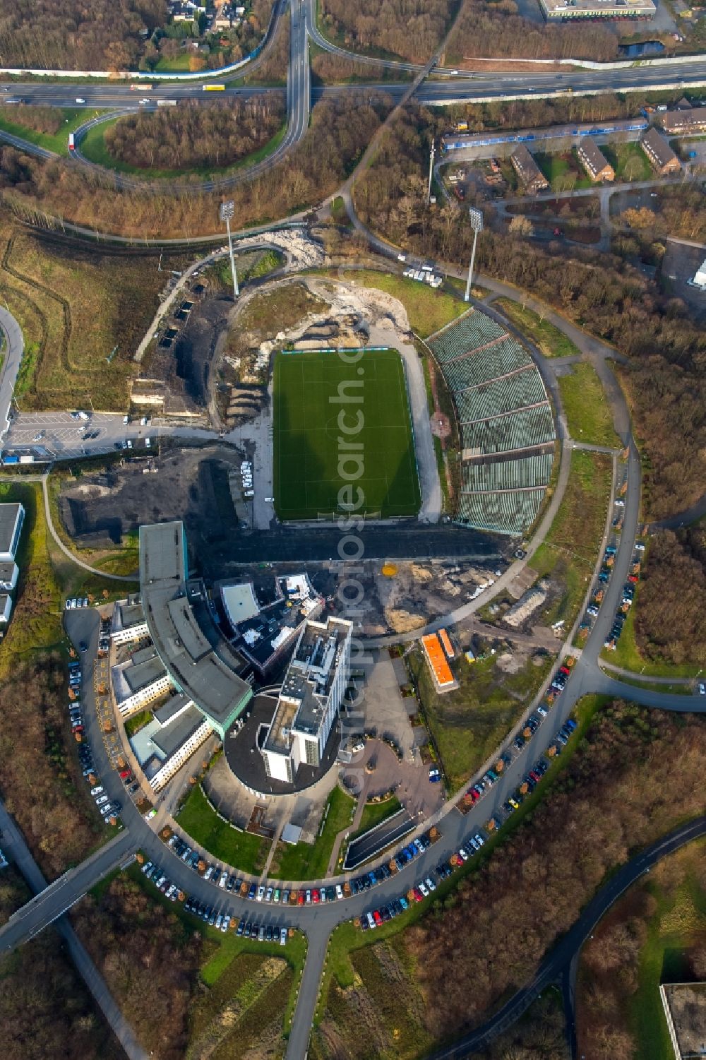 Gelsenkirchen from the bird's eye view: Sports facilities and construction works at the former football stadium Parkstadion in Gelsenkirchen in the state of North Rhine-Westphalia