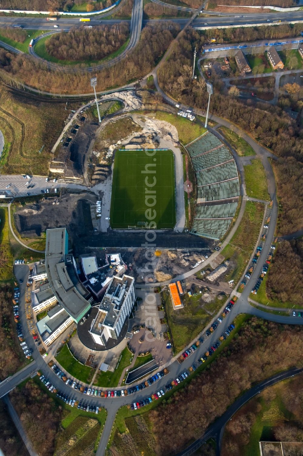 Aerial image Gelsenkirchen - Sports facilities and construction works at the former football stadium Parkstadion in Gelsenkirchen in the state of North Rhine-Westphalia