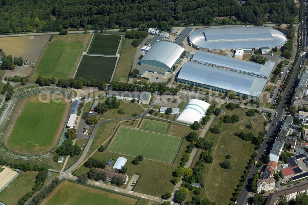 Berlin from the bird's eye view: Sports grounds and halls of the Sportforum Hohenschoenhausen in the Alt-Hohenschoenhausen part of the district of Lichtenberg in Berlin in Germany. The second largest sports and training facilities of Berlin include a complex of sports halls which are listed as protected buildings