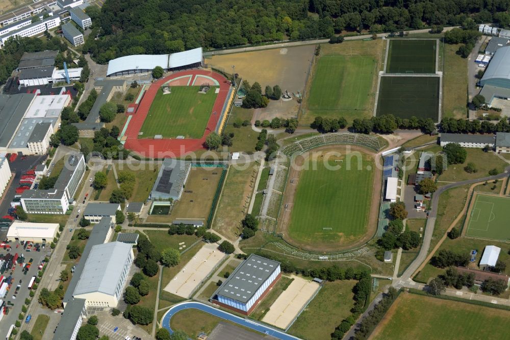 Aerial image Berlin - Sports grounds and halls of the Sportforum Hohenschoenhausen in the Alt-Hohenschoenhausen part of the district of Lichtenberg in Berlin in Germany. The second largest sports and training facilities of Berlin include a complex of sports halls which are listed as protected buildings