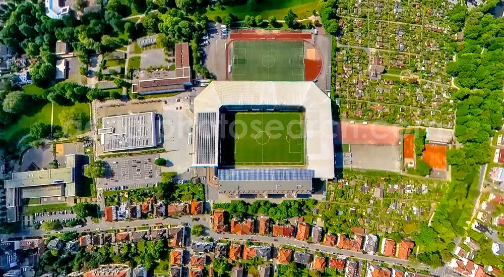 Aerial photograph Bielefeld - Sports facility grounds of the Arena stadium SchuecoArena on Melanchthonstrasse in Bielefeld in the state North Rhine-Westphalia, Germany