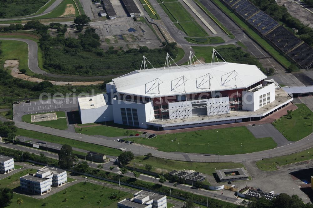 Rio de Janeiro from above - Sports facility and concert hall of multi-purpose hall HSBC Arena / Arena Olimpica do Rio, venue of the basketball and gymnastics competitions of the Pan-American Games in 2007 in Rio de Janeiro in Brazil. Venue of the 2016 Summer Olympic Games and Paralympic Games 2016