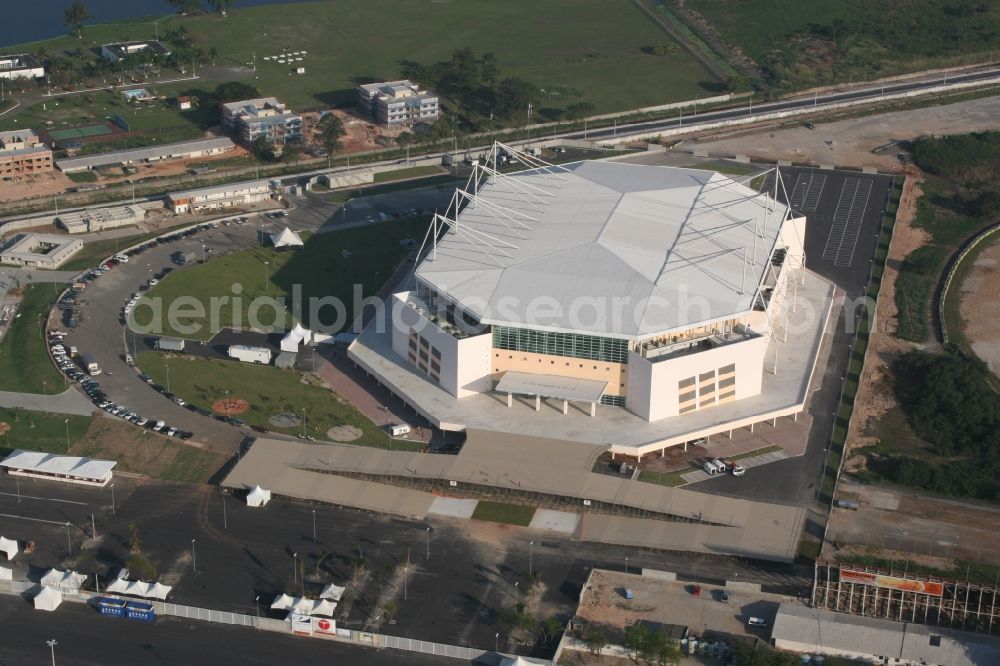 Aerial image Rio de Janeiro - Sports facility and concert hall of multi-purpose hall HSBC Arena / Arena Olimpica do Rio, venue of the basketball and gymnastics competitions of the Pan-American Games in 2007 in Rio de Janeiro in Brazil. Venue of the 2016 Summer Olympic Games and Paralympic Games 2016