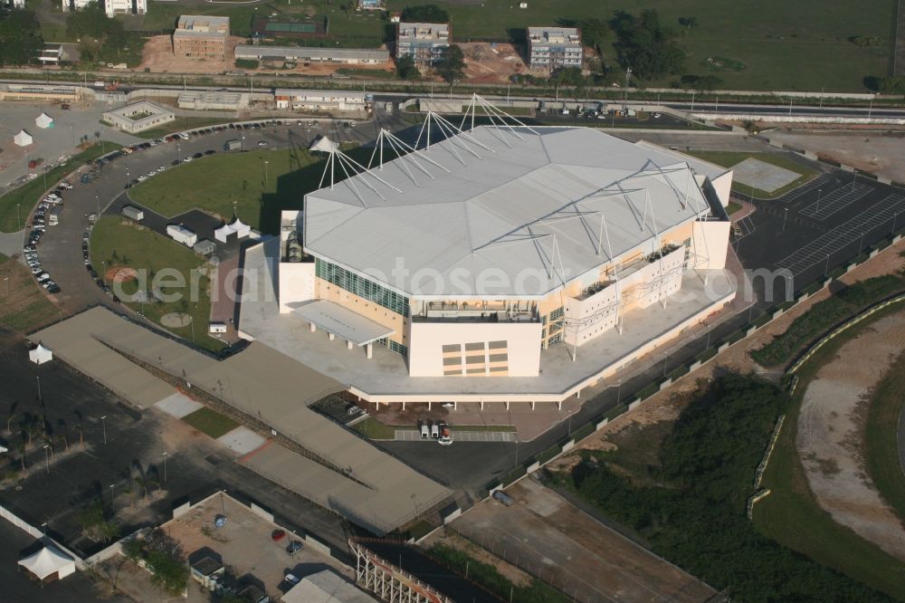Aerial photograph Rio de Janeiro - Sports facility and concert hall of multi-purpose hall HSBC Arena / Arena Olimpica do Rio, venue of the basketball and gymnastics competitions of the Pan-American Games in 2007 in Rio de Janeiro in Brazil. Venue of the 2016 Summer Olympic Games and Paralympic Games 2016