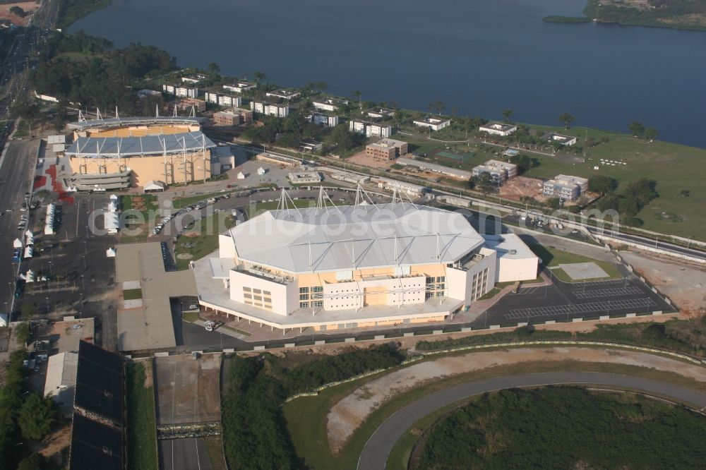 Rio de Janeiro from the bird's eye view: Sports facility and concert hall of multi-purpose hall HSBC Arena / Arena Olimpica do Rio, venue of the basketball and gymnastics competitions of the Pan-American Games in 2007 in Rio de Janeiro in Brazil. Venue of the 2016 Summer Olympic Games and Paralympic Games 2016