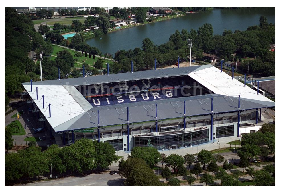 Duisburg from above - View of the sports venue Schauinsland Reisen Arena ( formerly Wedau Stadion ) in the Neudorf district of the Ruhrgebiet city Duisburg in the state North Rhine-Westphalia. The stadium at Margaretenstrasse is homestead of football club MSV Duisburg and embedded in the sports park Duisburg. Operater of the complex is the MSV Duisburg Stadionprojekt GmbH & Co. KG