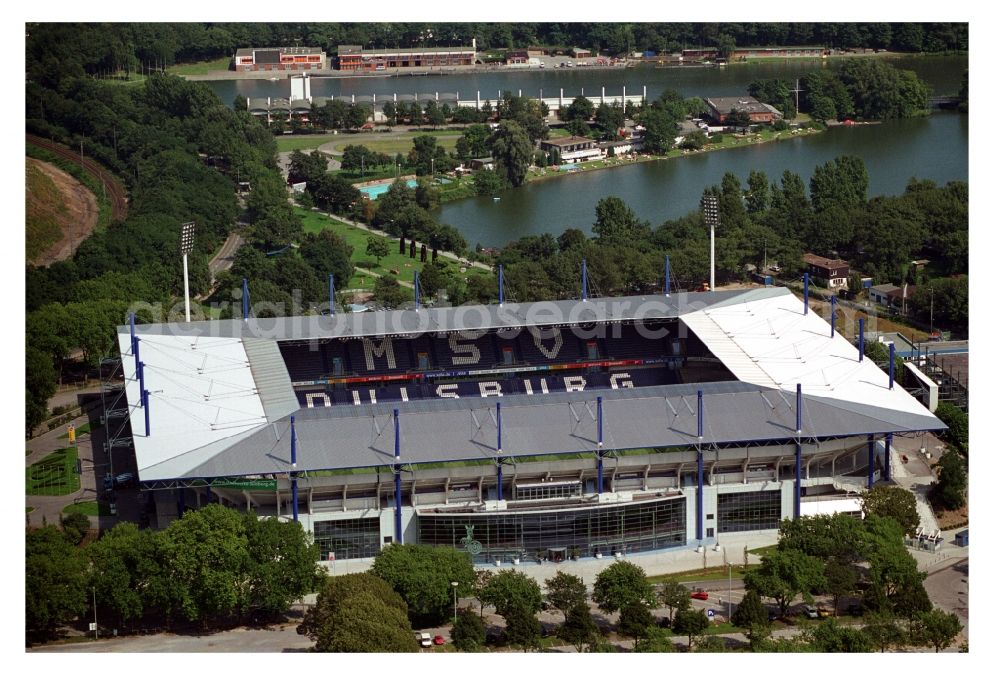 Duisburg from the bird's eye view: View of the sports venue Schauinsland Reisen Arena ( formerly Wedau Stadion ) in the Neudorf district of the Ruhrgebiet city Duisburg in the state North Rhine-Westphalia. The stadium at Margaretenstrasse is homestead of football club MSV Duisburg and embedded in the sports park Duisburg. Operater of the complex is the MSV Duisburg Stadionprojekt GmbH & Co. KG