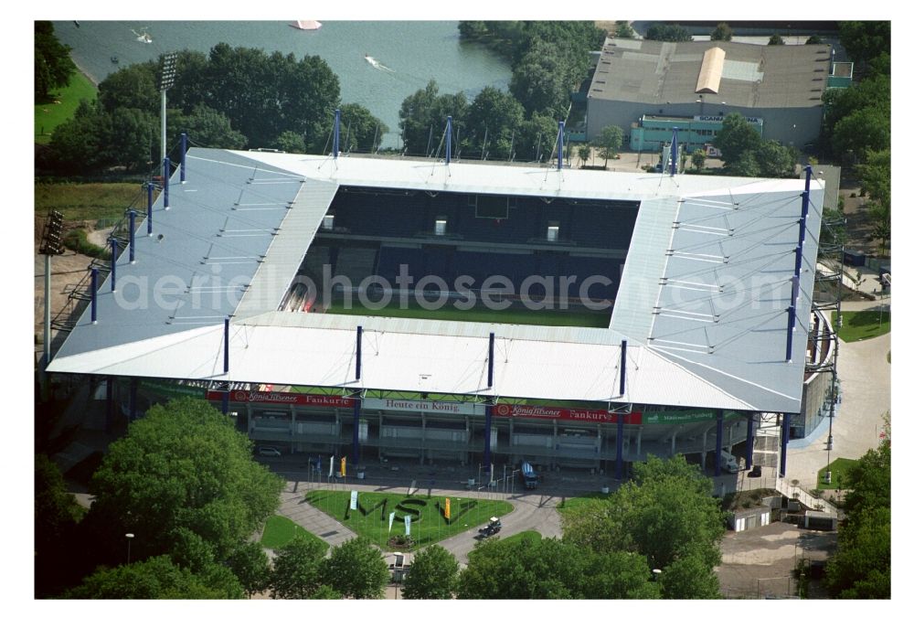 Aerial image Duisburg - View of the sports venue Schauinsland Reisen Arena ( formerly Wedau Stadion ) in the Neudorf district of the Ruhrgebiet city Duisburg in the state North Rhine-Westphalia. The stadium at Margaretenstrasse is homestead of football club MSV Duisburg and embedded in the sports park Duisburg. Operater of the complex is the MSV Duisburg Stadionprojekt GmbH & Co. KG