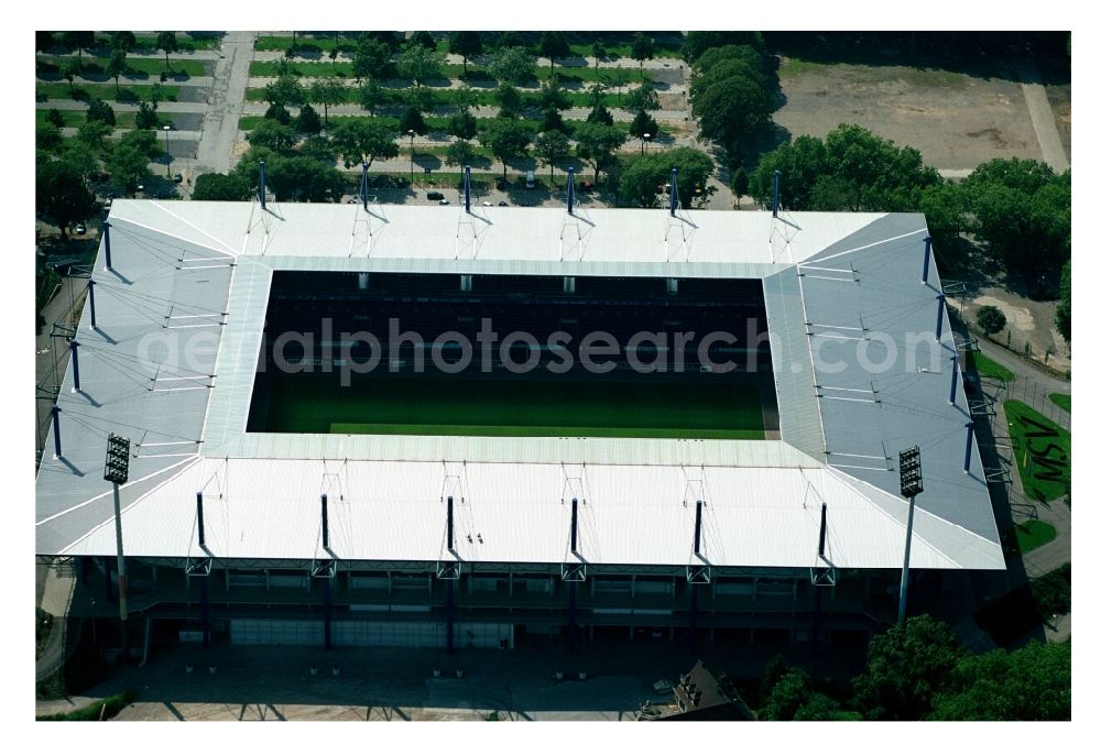 Aerial image Duisburg - View of the sports venue Schauinsland Reisen Arena ( formerly Wedau Stadion ) in the Neudorf district of the Ruhrgebiet city Duisburg in the state North Rhine-Westphalia. The stadium at Margaretenstrasse is homestead of football club MSV Duisburg and embedded in the sports park Duisburg. Operater of the complex is the MSV Duisburg Stadionprojekt GmbH & Co. KG