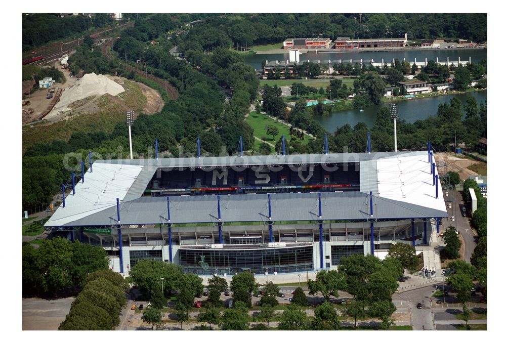 Duisburg from above - View of the sports venue Schauinsland Reisen Arena ( formerly Wedau Stadion ) in the Neudorf district of the Ruhrgebiet city Duisburg in the state North Rhine-Westphalia. The stadium at Margaretenstrasse is homestead of football club MSV Duisburg and embedded in the sports park Duisburg. Operater of the complex is the MSV Duisburg Stadionprojekt GmbH & Co. KG