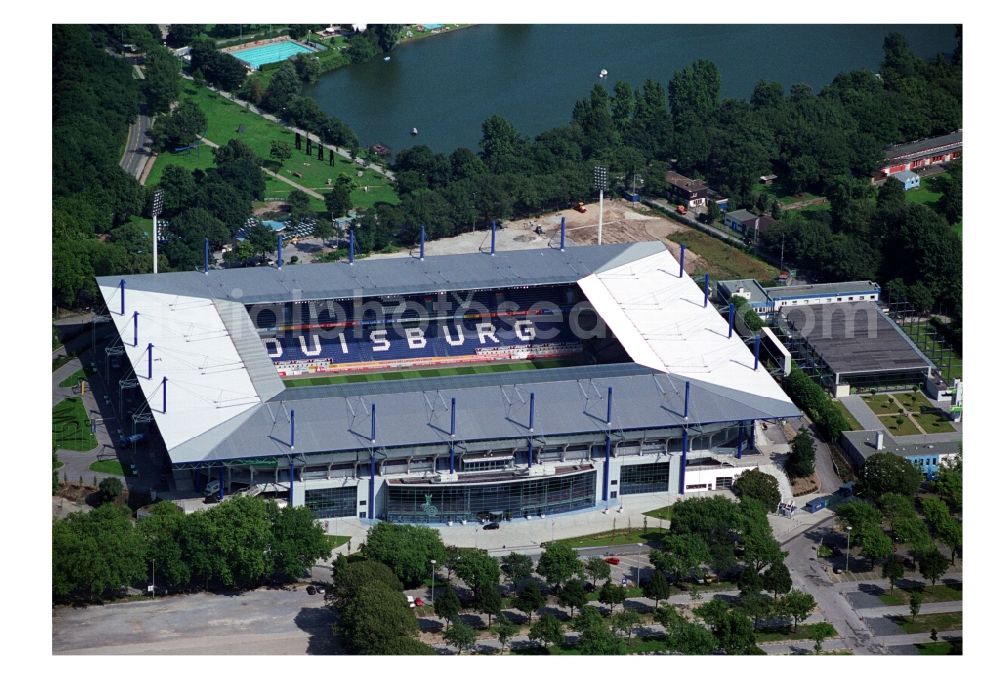 Duisburg from above - View of the sports venue Schauinsland Reisen Arena ( formerly Wedau Stadion ) in the Neudorf district of the Ruhrgebiet city Duisburg in the state North Rhine-Westphalia. The stadium at Margaretenstrasse is homestead of football club MSV Duisburg and embedded in the sports park Duisburg. Operater of the complex is the MSV Duisburg Stadionprojekt GmbH & Co. KG