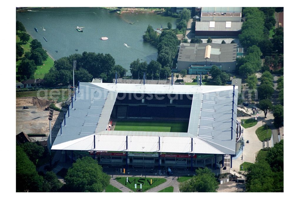 Aerial image Duisburg - View of the sports venue Schauinsland Reisen Arena ( formerly Wedau Stadion ) in the Neudorf district of the Ruhrgebiet city Duisburg in the state North Rhine-Westphalia. The stadium at Margaretenstrasse is homestead of football club MSV Duisburg and embedded in the sports park Duisburg. Operater of the complex is the MSV Duisburg Stadionprojekt GmbH & Co. KG