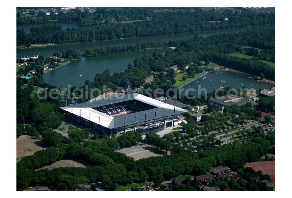 Duisburg from above - View of the sports venue Schauinsland Reisen Arena ( formerly Wedau Stadion ) in the Neudorf district of the Ruhrgebiet city Duisburg in the state North Rhine-Westphalia. The stadium at Margaretenstrasse is homestead of football club MSV Duisburg and embedded in the sports park Duisburg. Operater of the complex is the MSV Duisburg Stadionprojekt GmbH & Co. KG