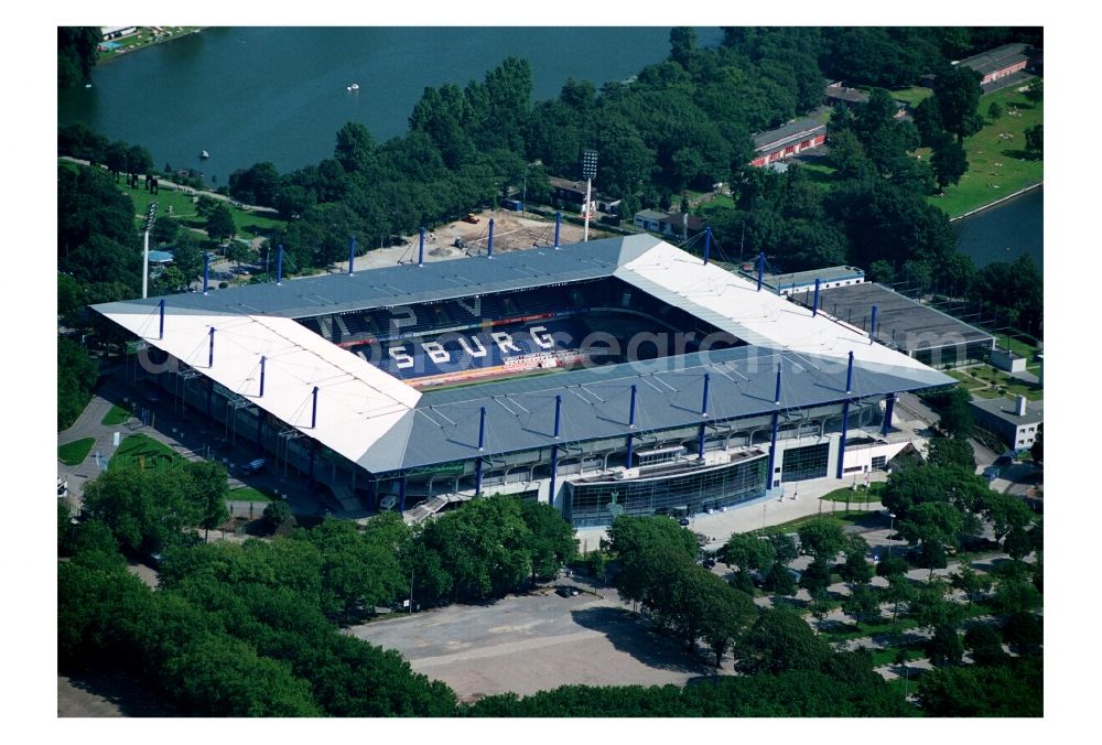 Duisburg from the bird's eye view: View of the sports venue Schauinsland Reisen Arena ( formerly Wedau Stadion ) in the Neudorf district of the Ruhrgebiet city Duisburg in the state North Rhine-Westphalia. The stadium at Margaretenstrasse is homestead of football club MSV Duisburg and embedded in the sports park Duisburg. Operater of the complex is the MSV Duisburg Stadionprojekt GmbH & Co. KG