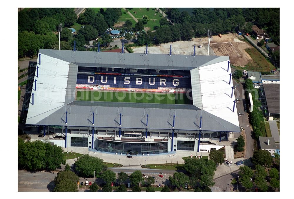 Aerial image Duisburg - View of the sports venue Schauinsland Reisen Arena ( formerly Wedau Stadion ) in the Neudorf district of the Ruhrgebiet city Duisburg in the state North Rhine-Westphalia. The stadium at Margaretenstrasse is homestead of football club MSV Duisburg and embedded in the sports park Duisburg. Operater of the complex is the MSV Duisburg Stadionprojekt GmbH & Co. KG