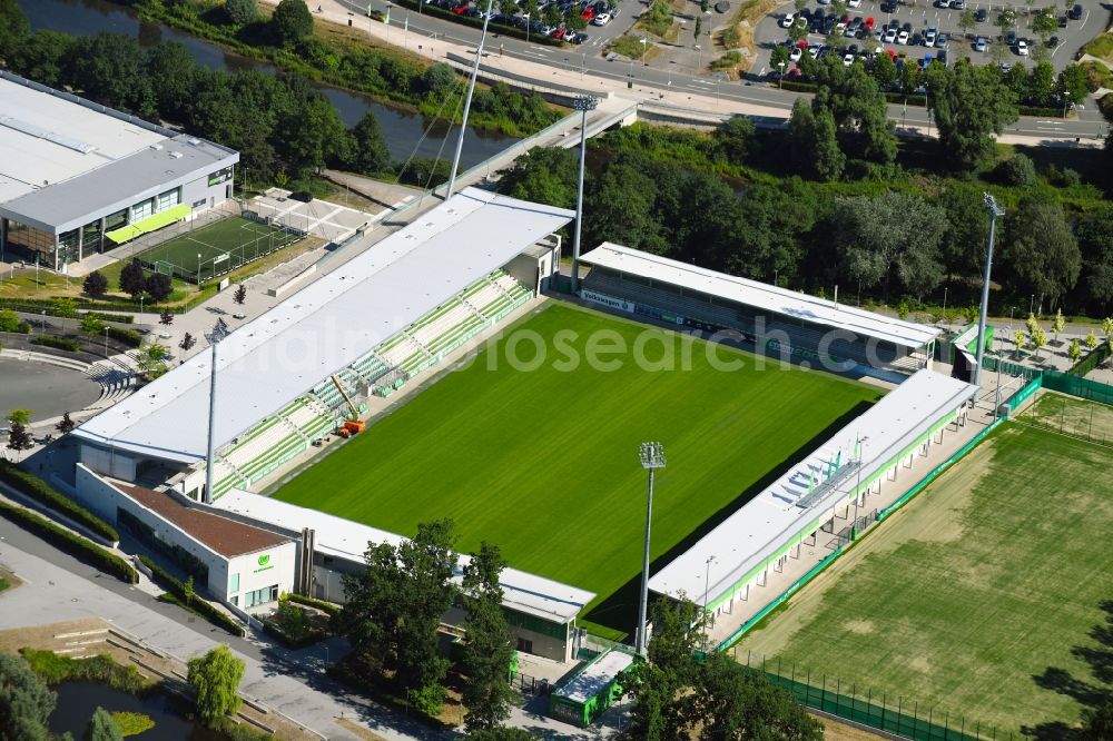 Wolfsburg from above - Sports facility grounds of stadium AOK Stadion Allerpark in Wolfsburg in the state Lower Saxony, Germany