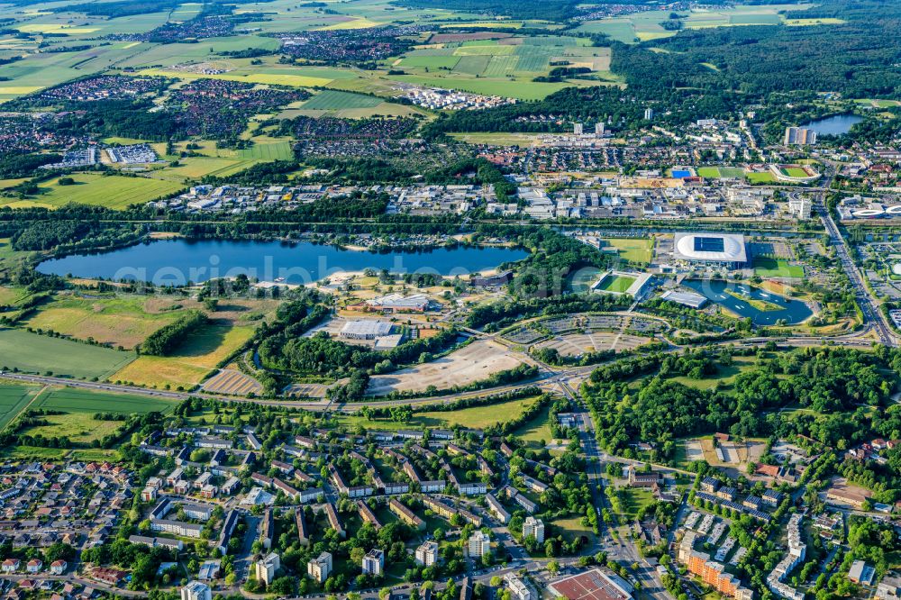 Aerial image Wolfsburg - Sports facility grounds of stadium AOK Stadion Allerpark in Wolfsburg in the state Lower Saxony, Germany