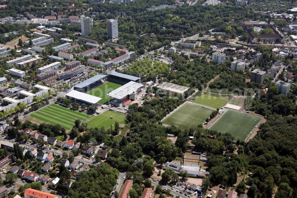 Mainz from above - Sports facility grounds of the Arena Bruchweg- stadium in Mainz in the state Rhineland-Palatinate