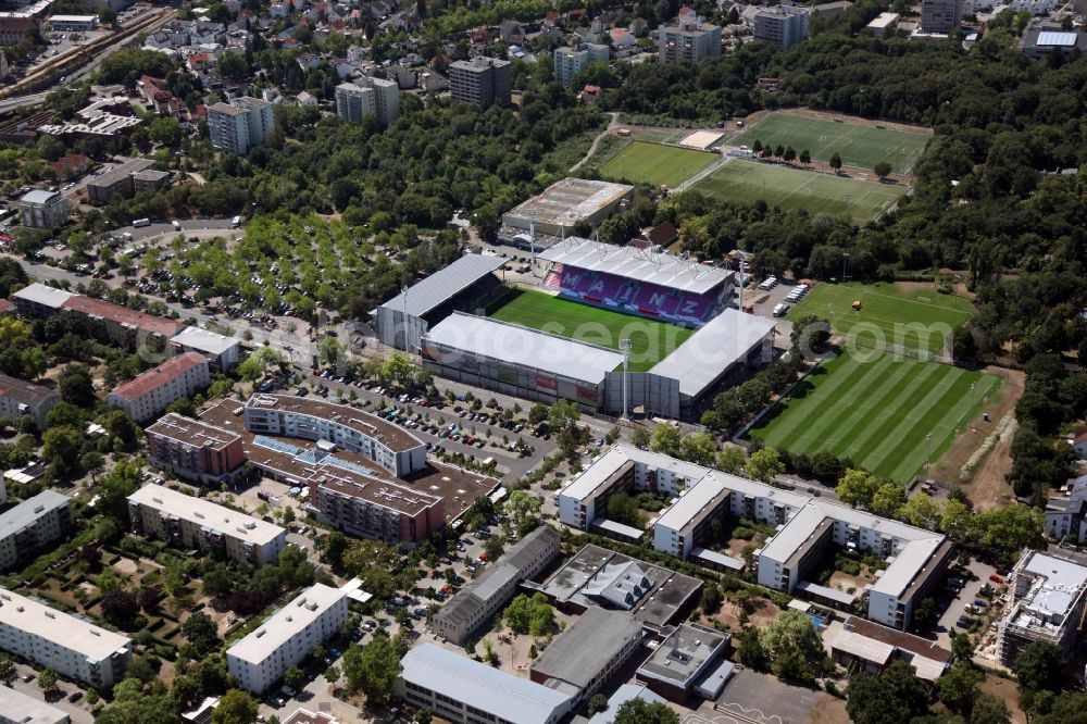 Mainz from above - Sports facility grounds of the Arena Bruchweg- stadium in Mainz in the state Rhineland-Palatinate