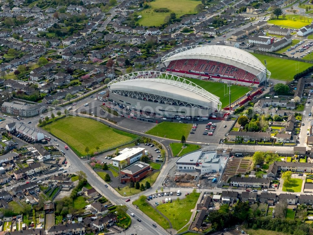 Aerial photograph Limerick - Ragby- Sports facility grounds of the Arena stadium Thomond Park in Limerick in Limerick, Ireland