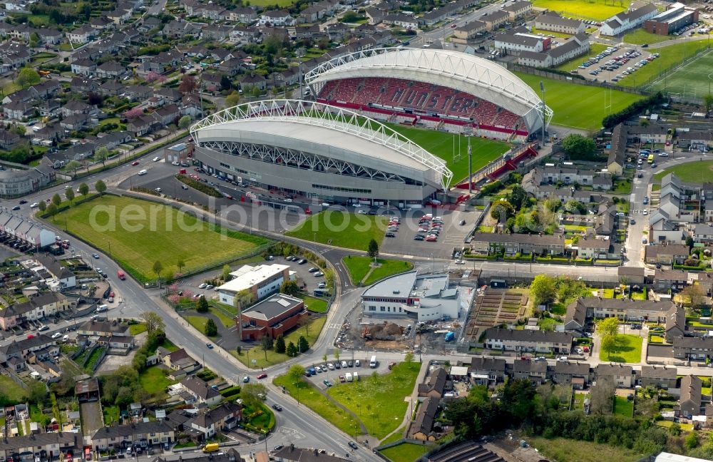 Limerick from the bird's eye view: Ragby- Sports facility grounds of the Arena stadium Thomond Park in Limerick in Limerick, Ireland