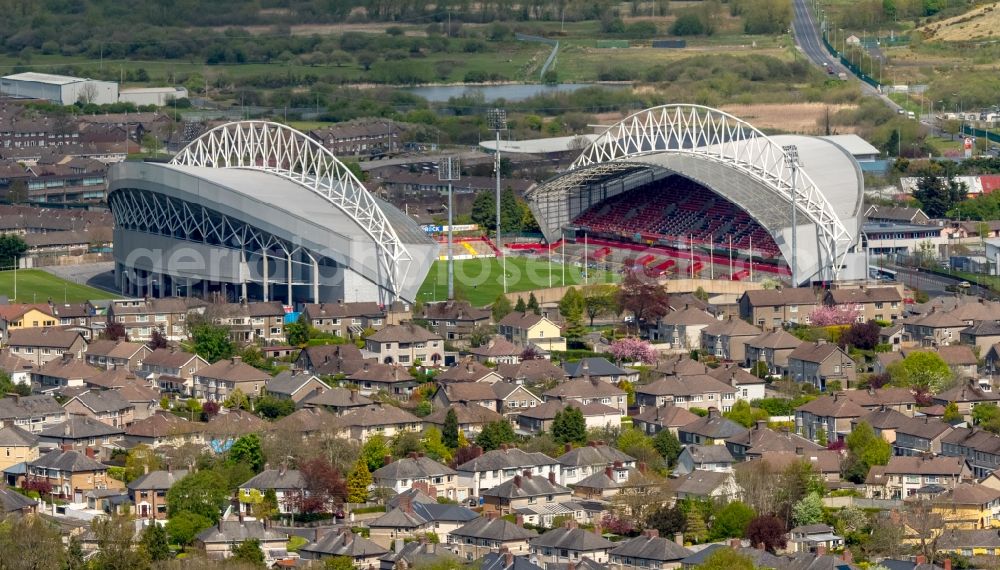 Aerial image Limerick - Ragby- Sports facility grounds of the Arena stadium Thomond Park in Limerick in Limerick, Ireland