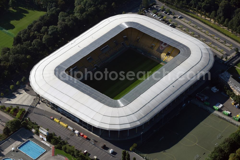 Dresden from above - Sports facility grounds of the Arena stadium DDV-Stadion on street Lennestrasse in Dresden in the state Saxony