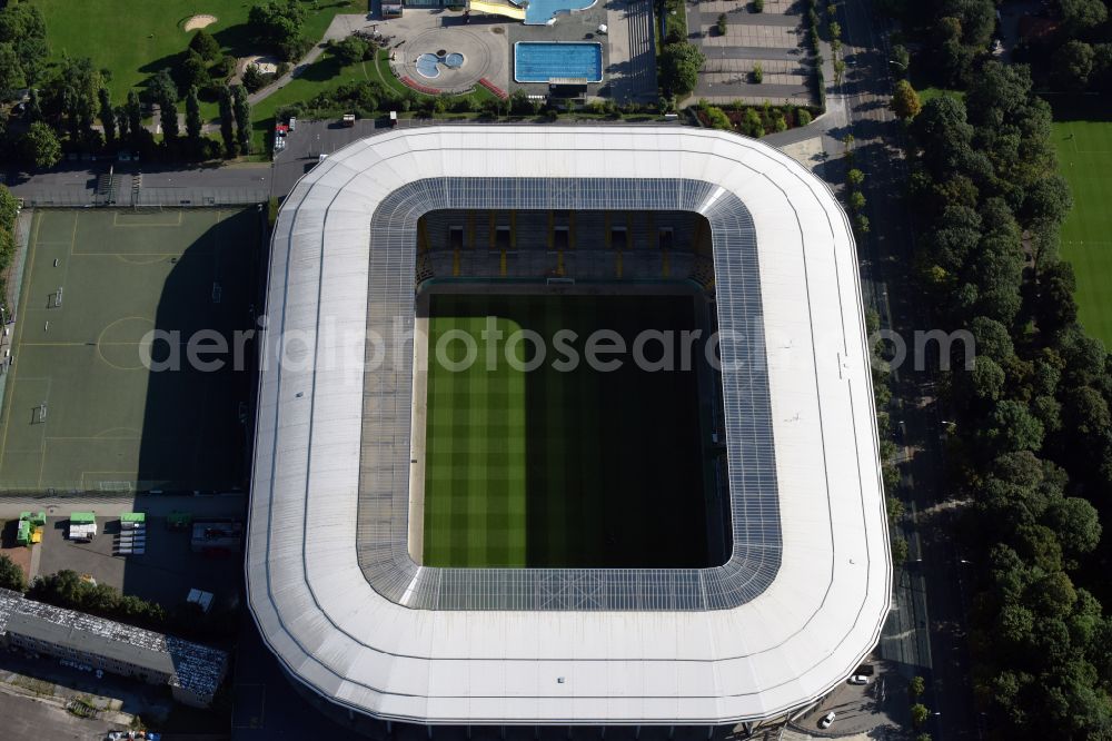 Dresden from above - Sports facility grounds of the Arena stadium DDV-Stadion on street Lennestrasse in Dresden in the state Saxony