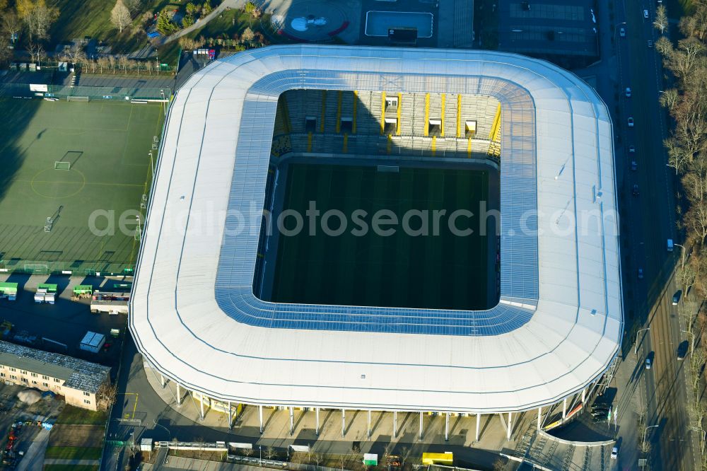 Dresden from above - Sports facility grounds of the Arena stadium DDV-Stadion on street Lennestrasse in Dresden in the state Saxony