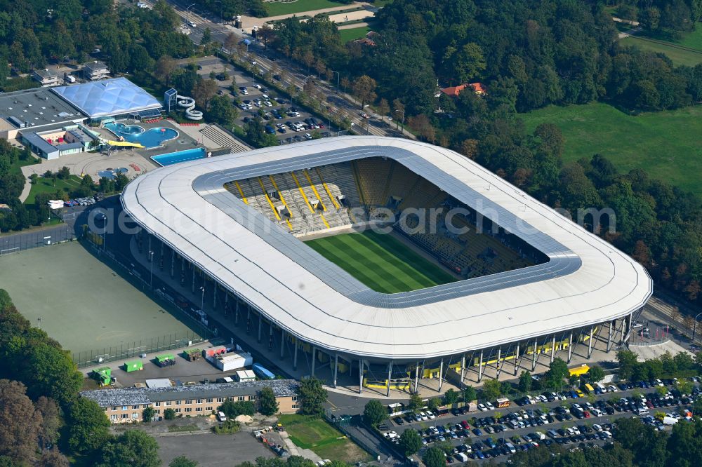 Dresden from the bird's eye view: Sports facility grounds of the Arena stadium DDV-Stadion on street Lennestrasse in Dresden in the state Saxony