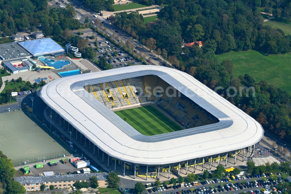 Aerial photograph Dresden - Sports facility grounds of the Arena stadium DDV-Stadion on street Lennestrasse in Dresden in the state Saxony