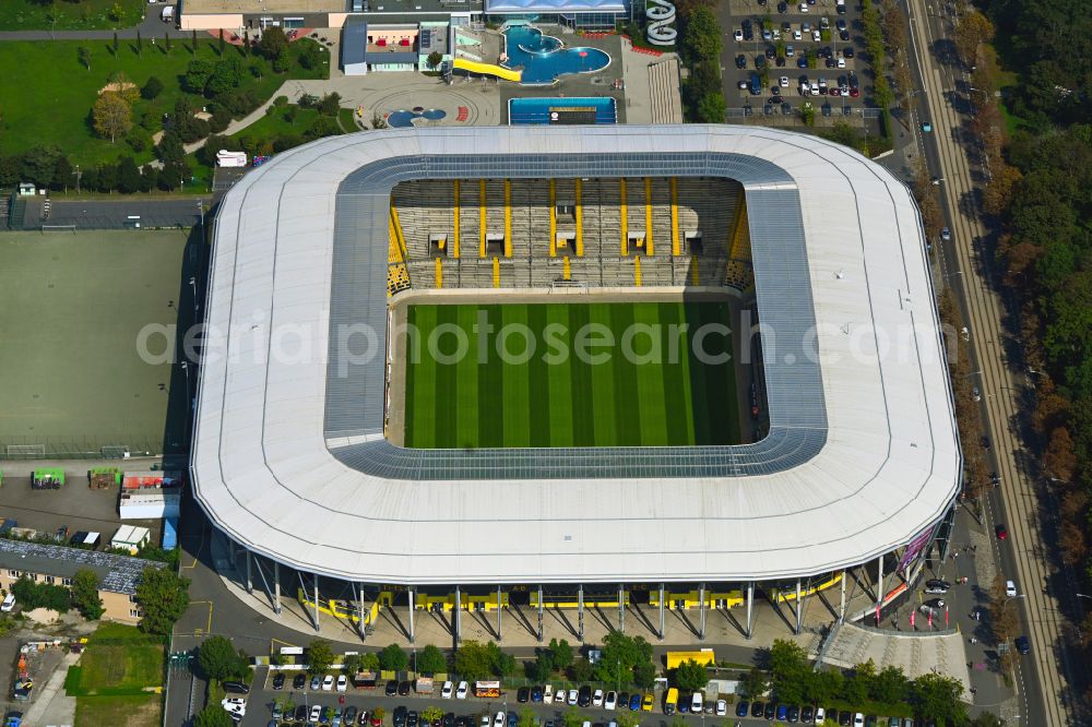 Dresden from above - Sports facility grounds of the Arena stadium DDV-Stadion on street Lennestrasse in Dresden in the state Saxony