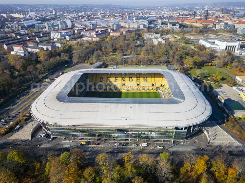 Aerial photograph Dresden - Sports facility grounds of the Arena stadium DDV-Stadion on street Lennestrasse in Dresden in the state Saxony